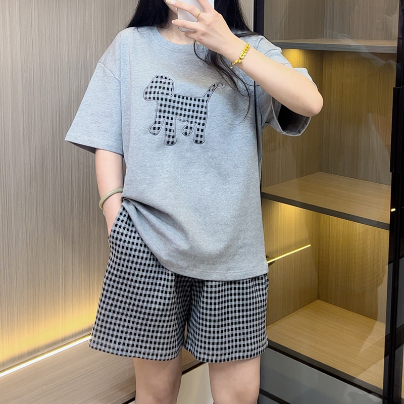 2025夏季女睡衣时尚大码短袖灰色刺绣小狗休闲家居服短裤卡通套装