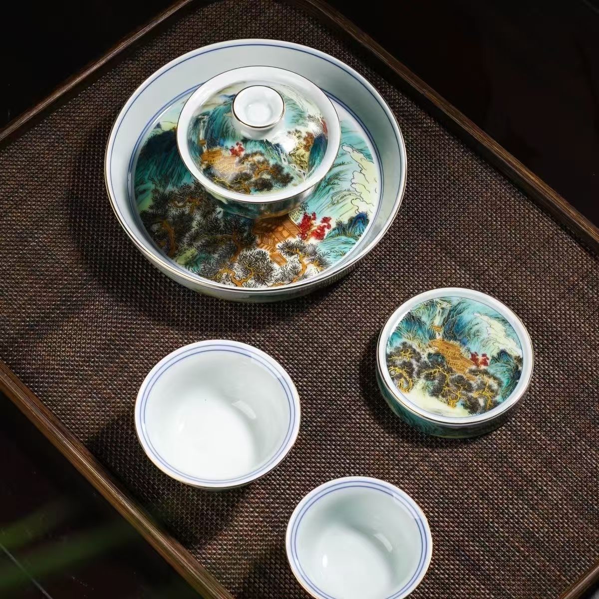 【景德镇】浮云山居图送礼精品5件套盖碗壶承主人杯客杯盖置