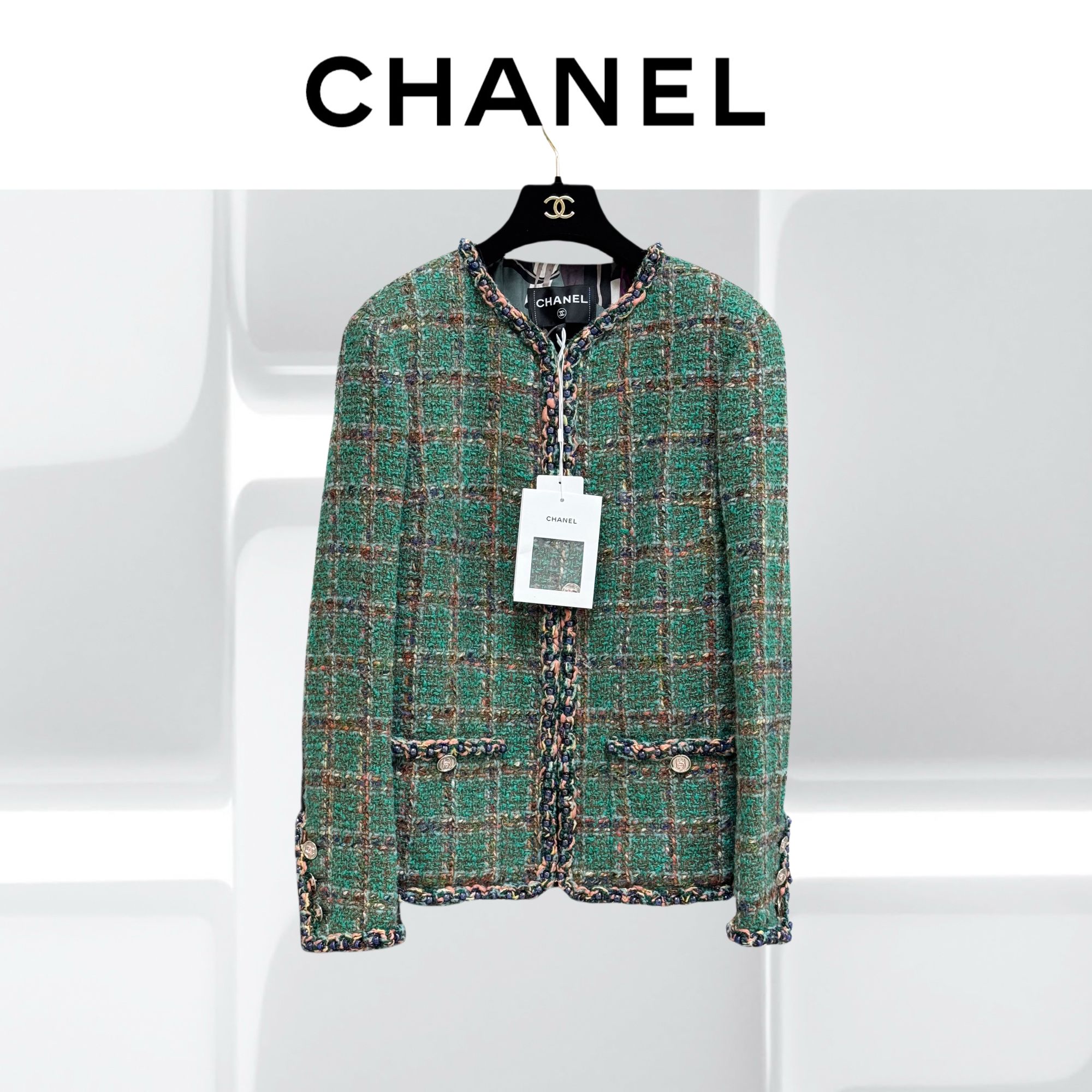 99新 Chanel/香奈儿 34码 绿色混色 格纹 长袖 编织 外套 