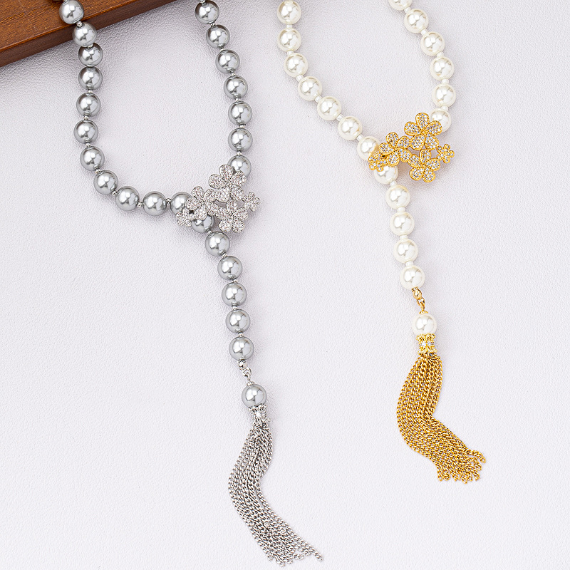 施家珍珠花朵毛衣链可调节大溪地色高级感轻奢长款小众设计项链女