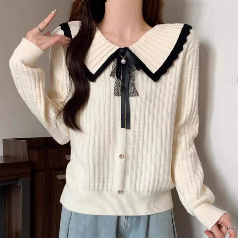 氛围感气质大码女装法式减龄娃娃领长袖针织衫秋冬遮肉毛衣上衣