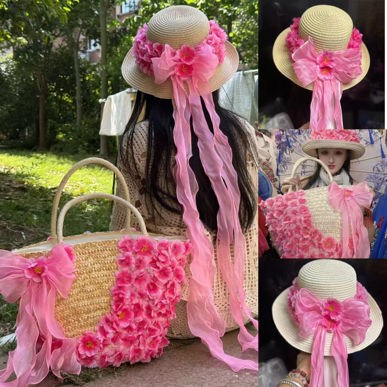 粉色樱花米色手提手工包