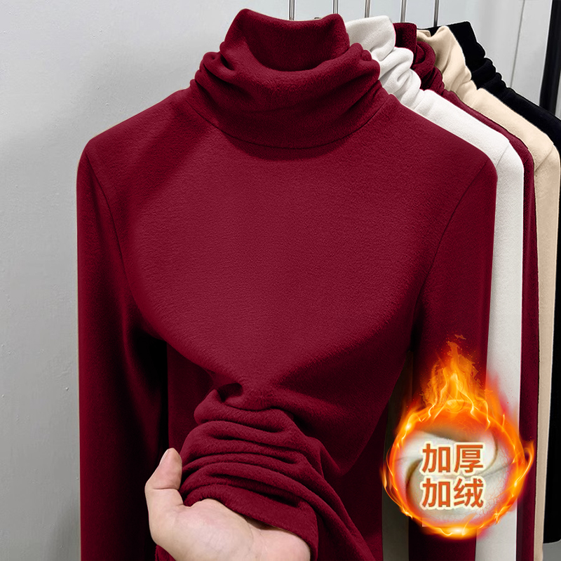 冬季螺纹高领打底衫女内搭加厚德绒长袖t恤修身纯色上衣保暖女装