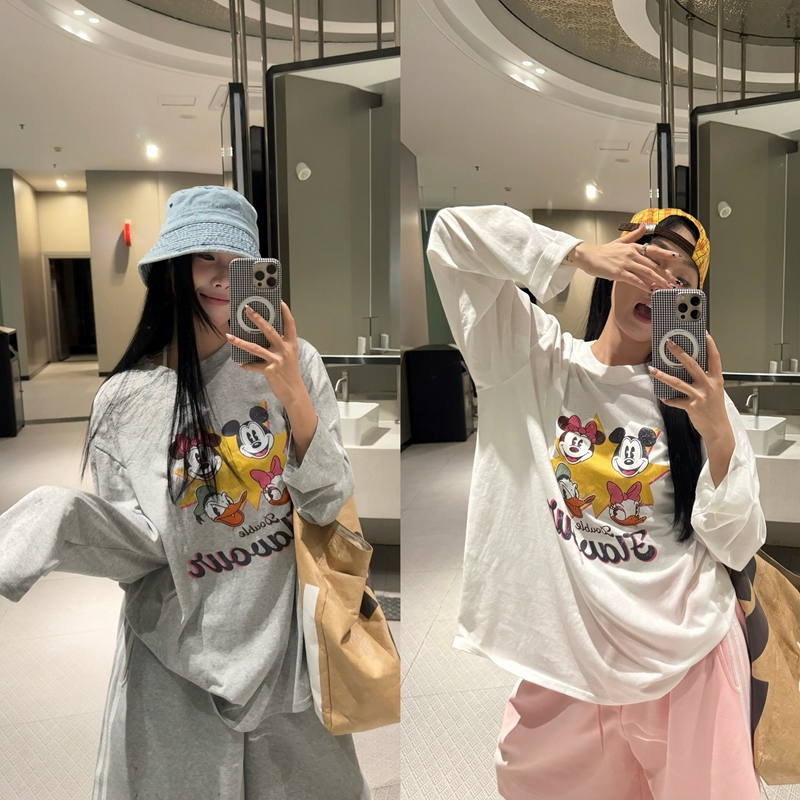 夏季米奇卡通印花长袖T恤女宽松休闲慵懒风防晒衣百搭罩衫上衣ins