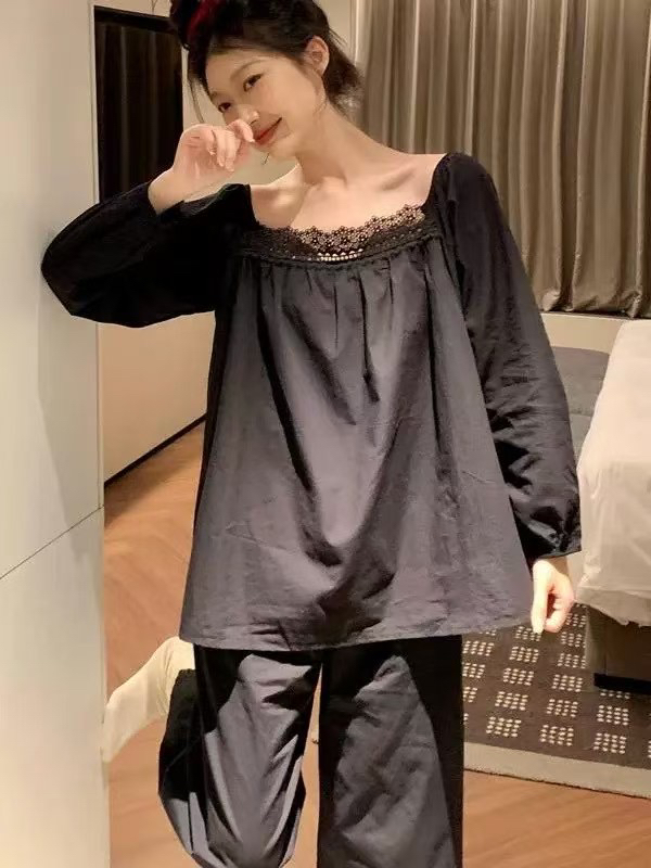 减龄韩版花边领家居服网红蕾丝宽松休闲时尚女士薄款长袖春秋季