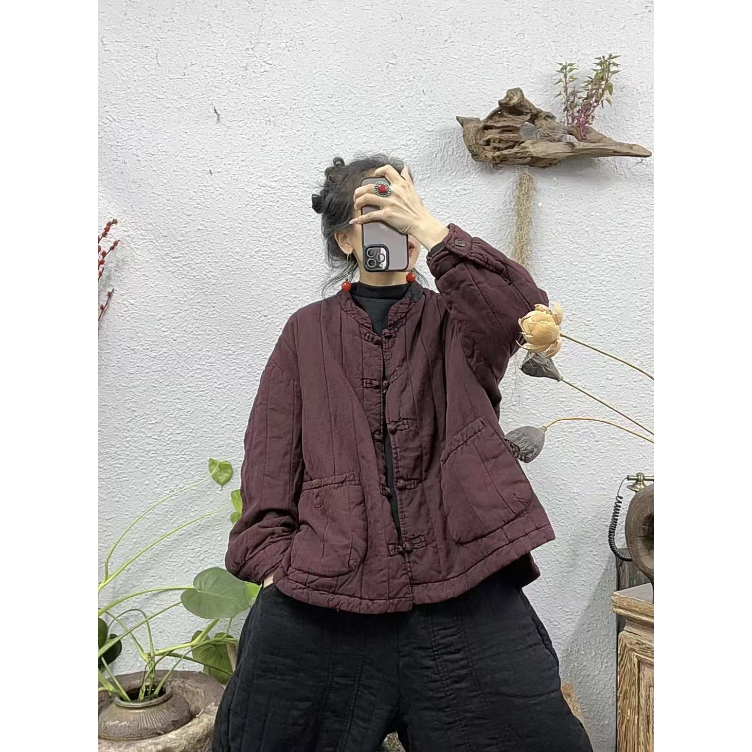 942-1夹棉圆领盘扣竖压领口贴布长袖开扣棉袄上衣（前63后70胸围