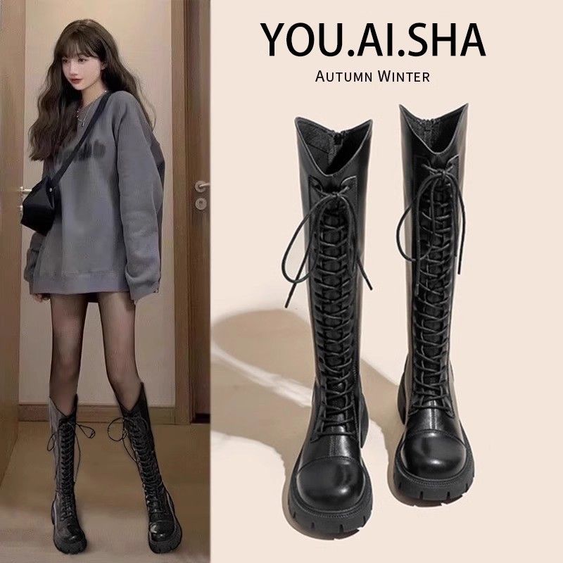 冬季中跟圆头女胶粘马丁靴绑带靴高筒靴春秋靴子网红系带显瘦百搭