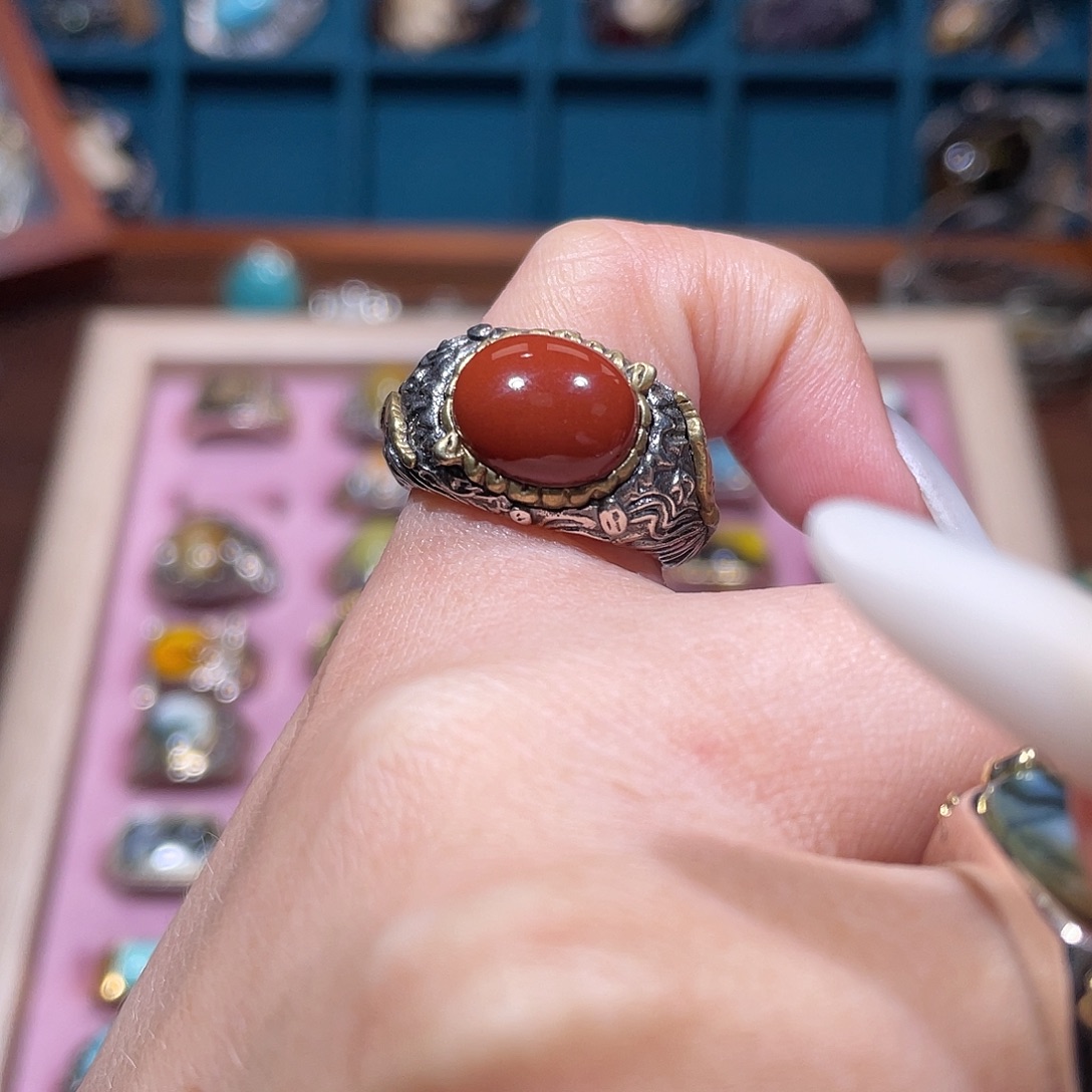 南红玛瑙银S925镶嵌戒指戒指
