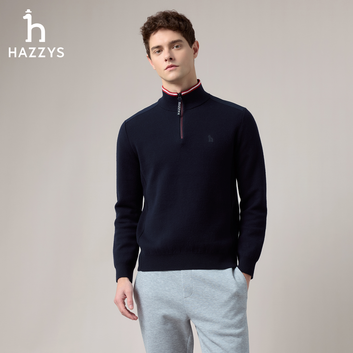 【商场同款】HAZZYS哈吉斯男士秋冬季羊毛衫时尚休闲立领针织衫毛衣