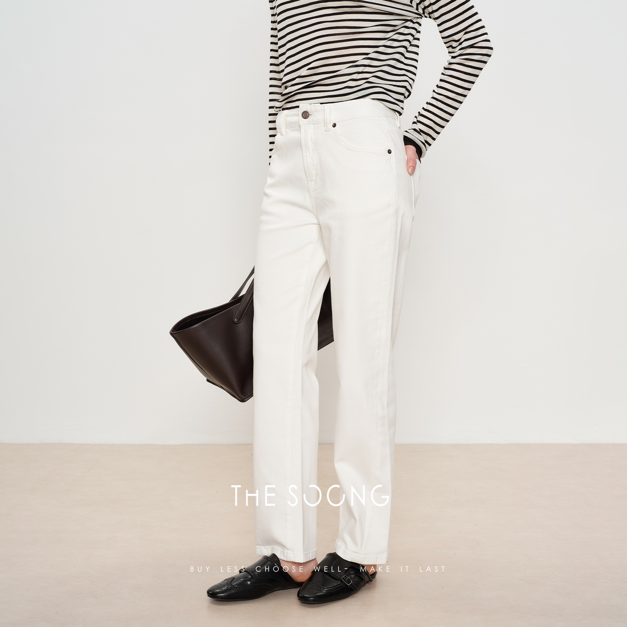 THESOONG|"白牛2.0"赛络纺双芯加软白色中腰弹力牛仔裤女HBNZ6364