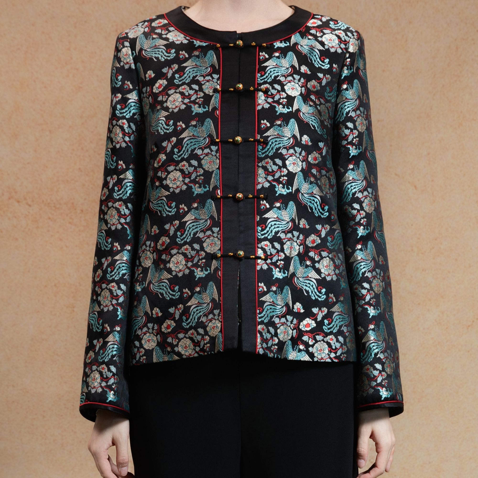 【四川工美蜀锦】黑地凤禧牡丹蜀锦 系列外套【禧墨】