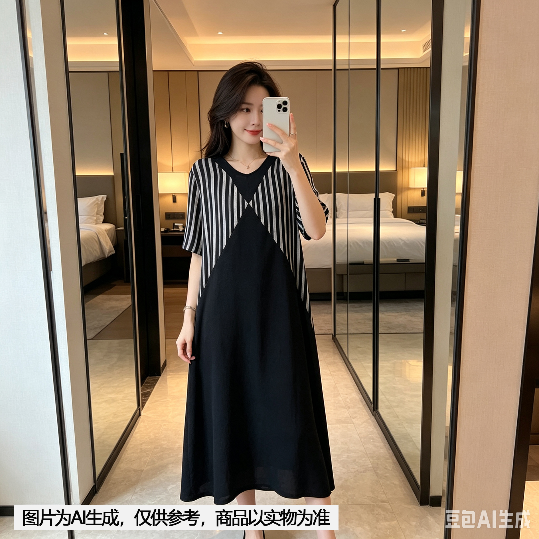 【Annie 185】夏款设计感拼接条纹假两件休闲弹性宽松大码显瘦长裙