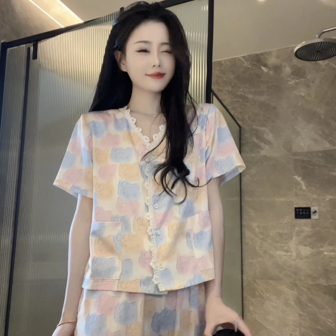 （彩虹糖）夏季气质减龄清爽睡衣柔软亲肤丝滑短袖套装可外穿温柔  