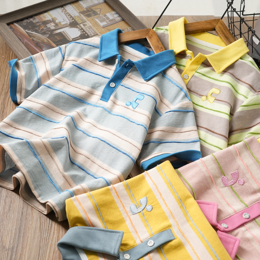 夏季款百搭儿童色织条纹刺绣短袖polo衫中大童男童翻领上衣85218