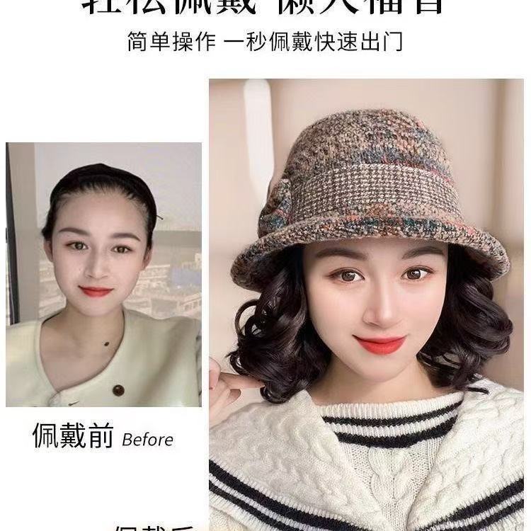秋冬新款中老年妈妈帽子假发一体百搭短卷发渔夫帽头套批发
