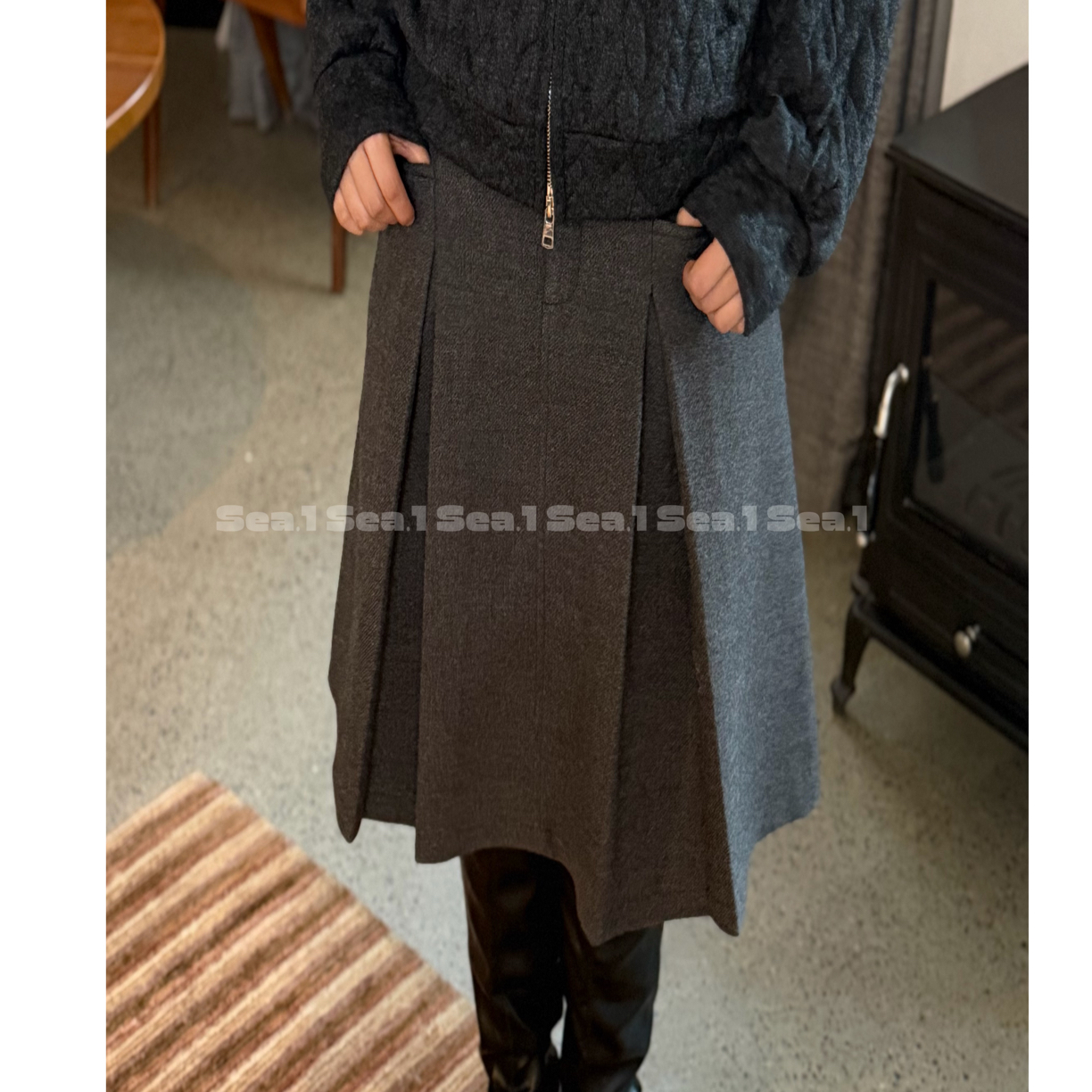 Anan 「英伦人字纹裙」 双口袋压褶A字中长款毛呢保暖半身裙百褶裙