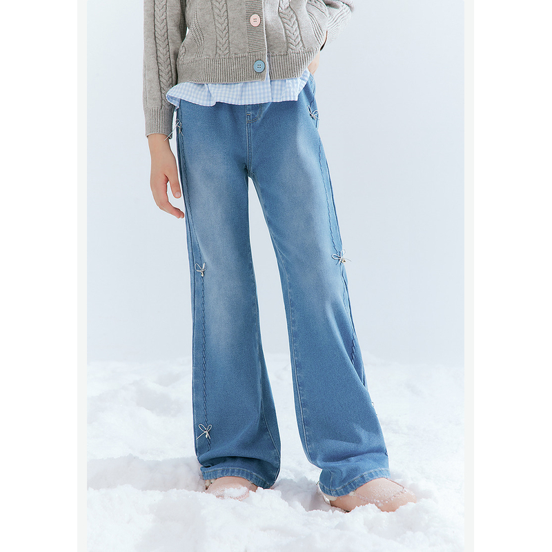 笛家秋冬加绒厚款女童微喇牛仔裤时尚显腿长中大童厚裤子801