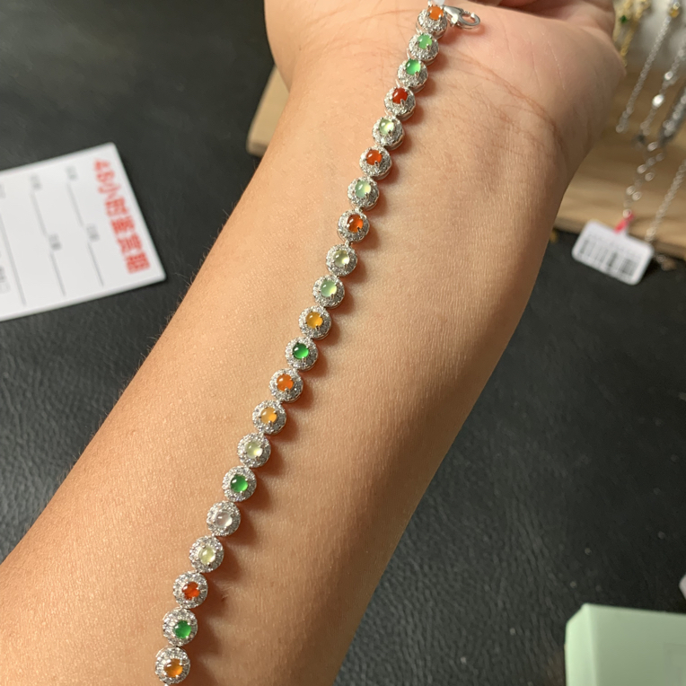 纯天然A货翡翠多宝彩虹手链圆镶满圈