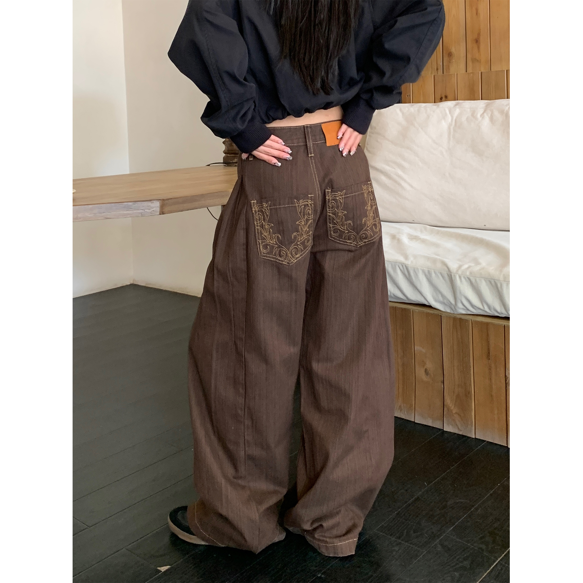 木子羊 美式复古绣花竖条纹弯刀裤男女宽松百搭阔腿牛仔裤潮裤子