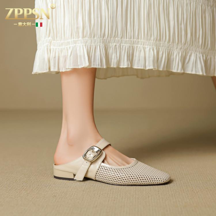 ZPPSN2低跟/2025夏季新款平底真皮编织镂空包头凉拖鞋女时尚外穿