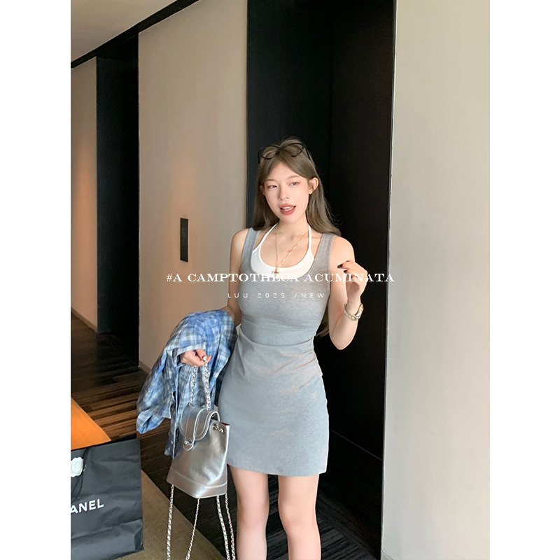 LUU桃喜儿/假两件吊带连衣裙女夏无袖收腰设计感短裙针织小众裙子