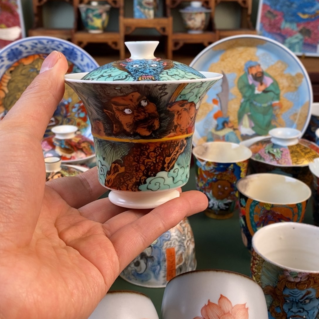 手工手绘钟馗竹节盖碗