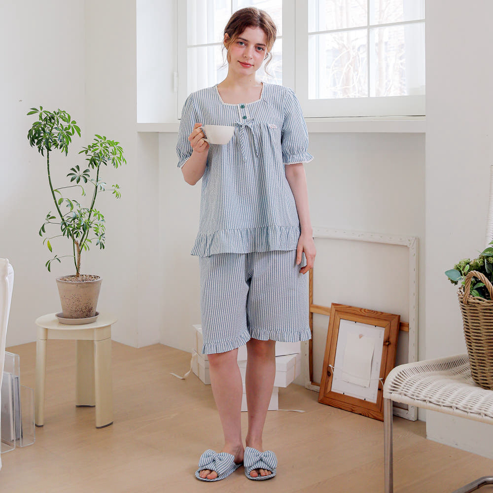 延吉成宝【韩国睡衣】 SO家～泡泡棉条纹新款短袖青色女款睡衣