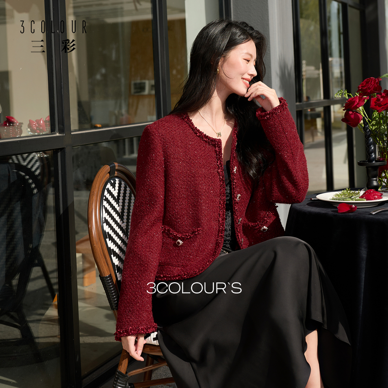 三彩2026春季新款复古轻奢香风短款外套单排扣显瘦开衫长袖S