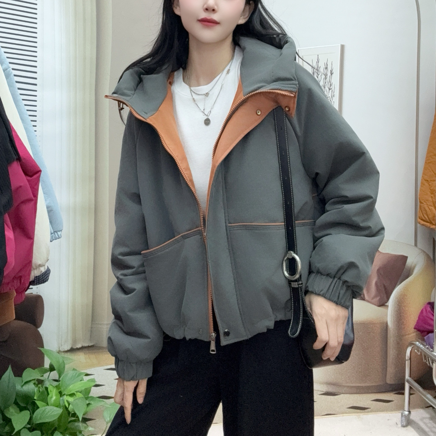 13款冬季新款保暖时尚百搭休闲撞色棉衣连帽宽松棉服潮流短款上衣
