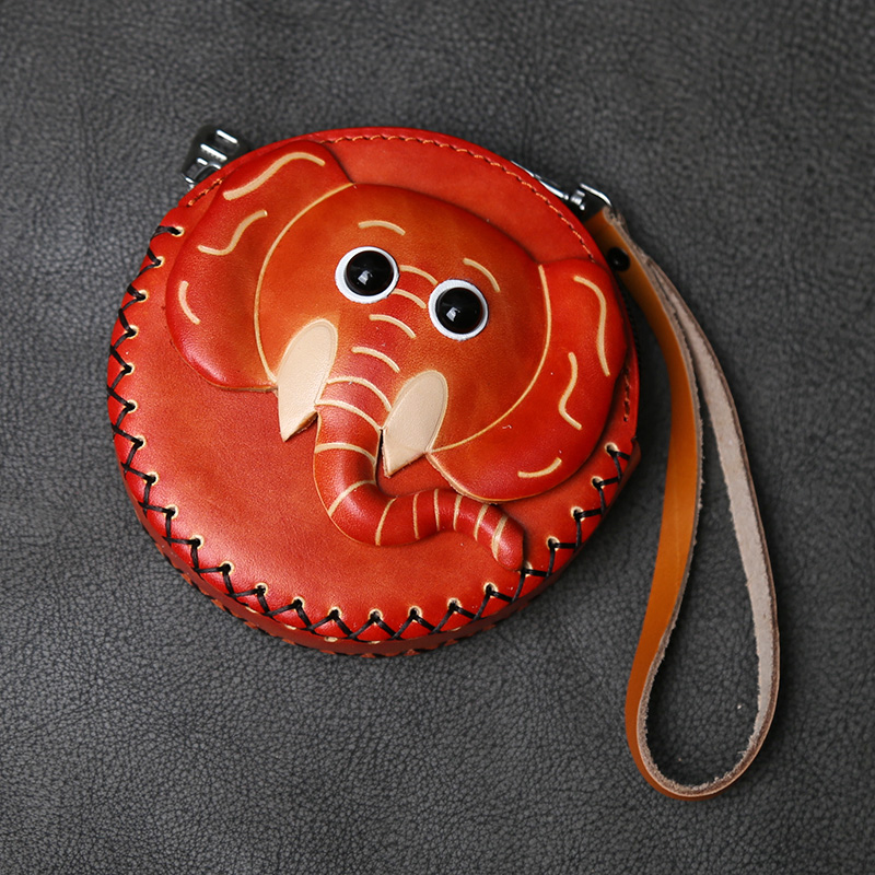 精致手工树膏皮零钱包钥匙包拉链闭合多款式头层牛皮小象置物荷包