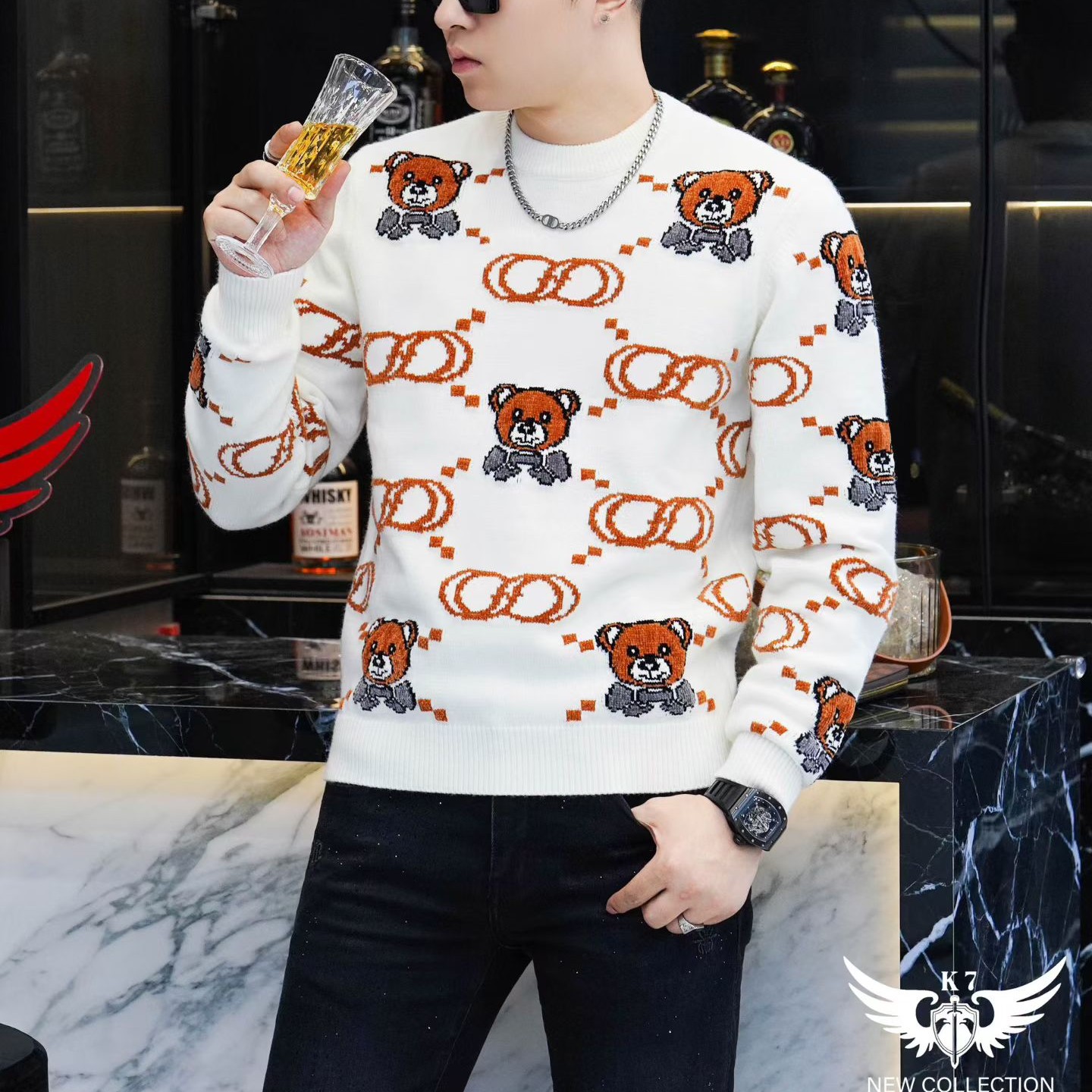 男士保暖羊毛衫欧版时尚高档潮流提花圆领针织毛衣打底衫休闲