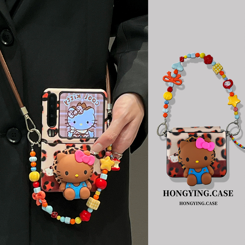 皮质豹纹可爱黑皮KT猫斜挎绳适用华为PuraX手机壳pocket2磁吸支架