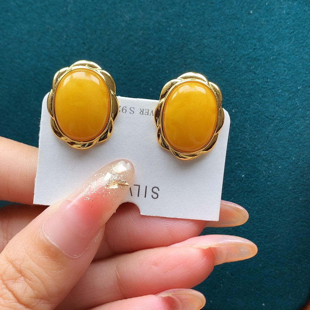 蜜蜡耳饰银S925镶嵌耳钉