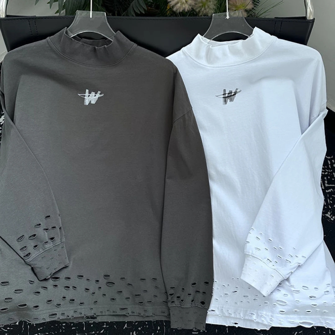 W字母长袖T恤男女os宽松休闲情侣上衣内搭圆领破洞印花