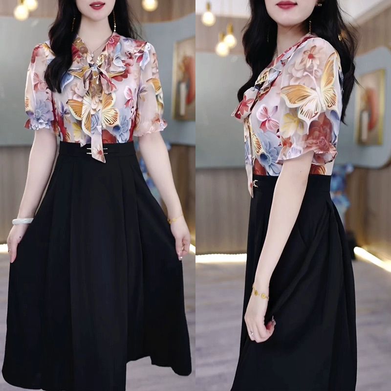 2025夏新款气质显瘦拼接假两件短袖连衣裙女时尚收腰遮肚印花裙子