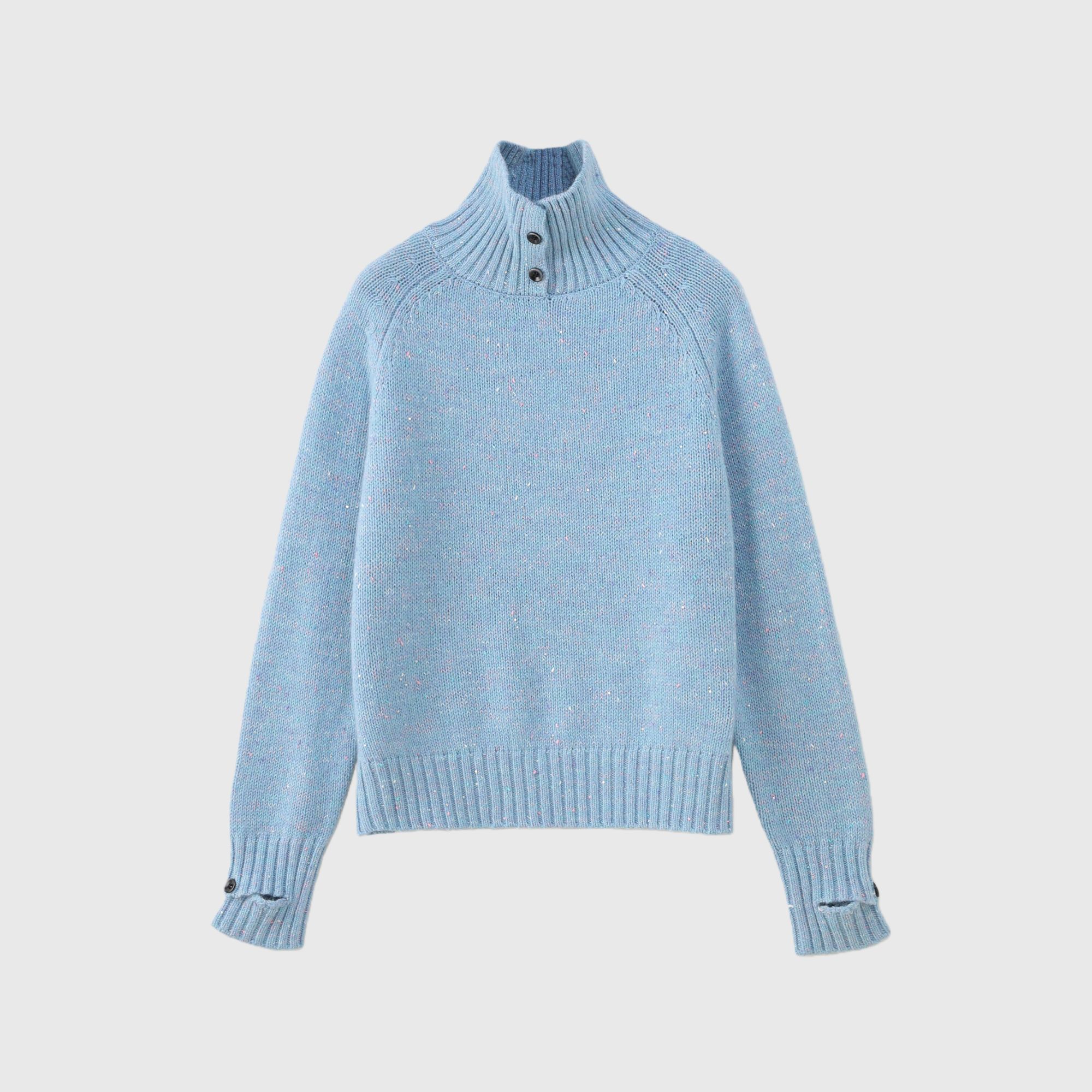 2025秋冬新款七彩花纱高领纽扣羊绒羊毛针织套头衫