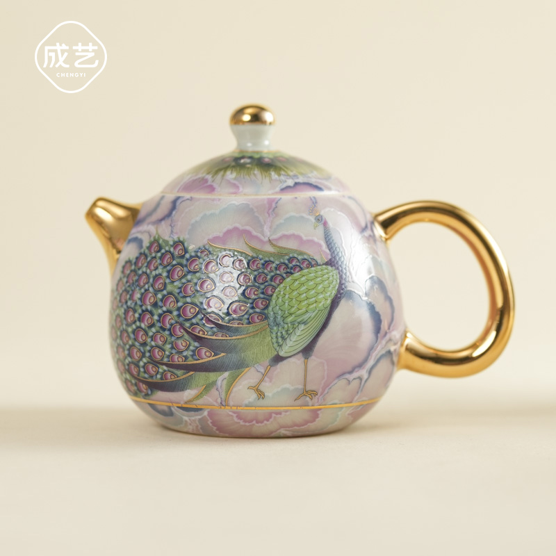 【成艺甄选】孔雀龙胆壶陶瓷功夫茶具单壶泡茶壶高端描金家用复古壶