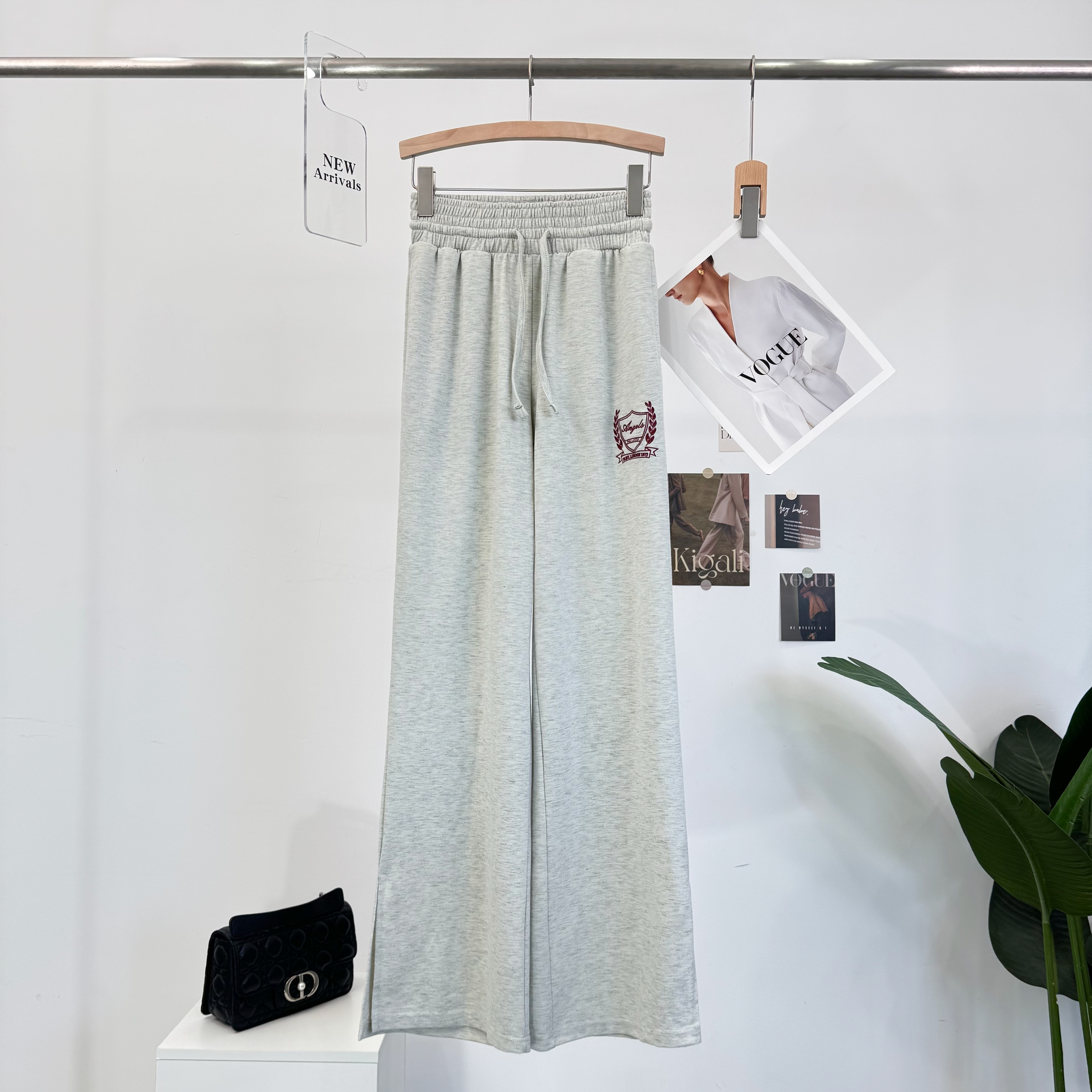 B579新款时尚阔腿裤微弹力刺绣秋冬长裤休闲裤裤子高腰抽绳直筒裤