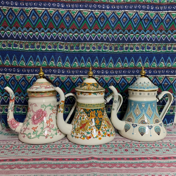 复古民族风情搪瓷花油壶带滤网搪瓷油壶手把壶家用工艺品1.2升