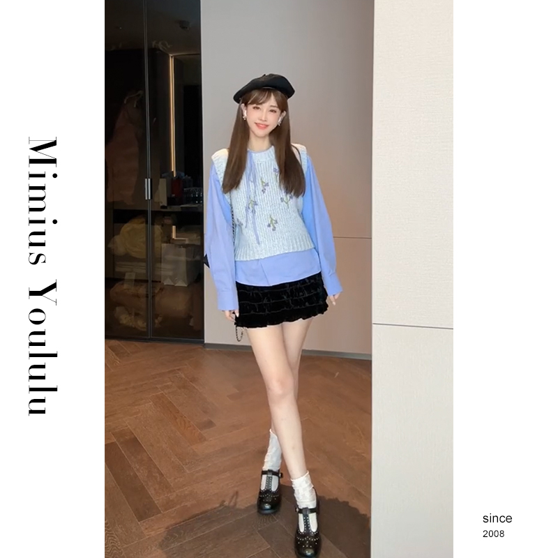 【mimius】游鹿鹿【蓝莓浆果】斜门襟系带衬衫 F08059-1