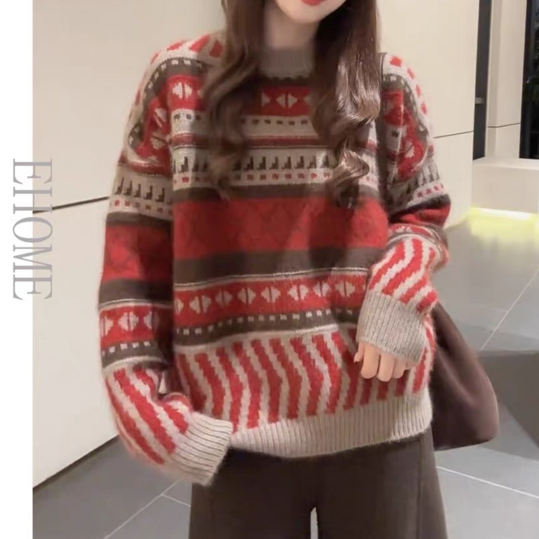 小众设计感复古新年费尔岛毛衣毛衣时髦洋气宽松慵懒风条纹针织衫