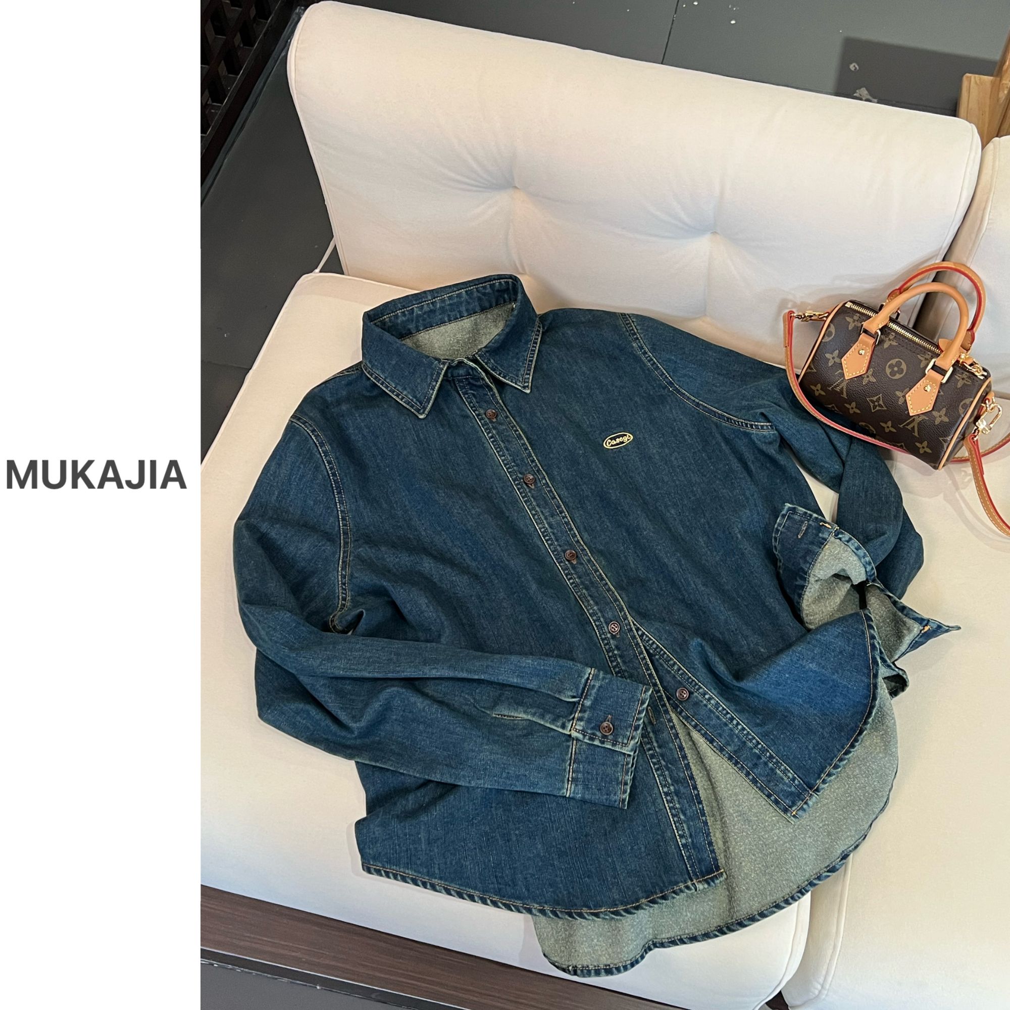 木卡家【刺绣抓绒牛仔衬衣】定制款韩系风秋冬新款百搭叠穿牛仔衬衣