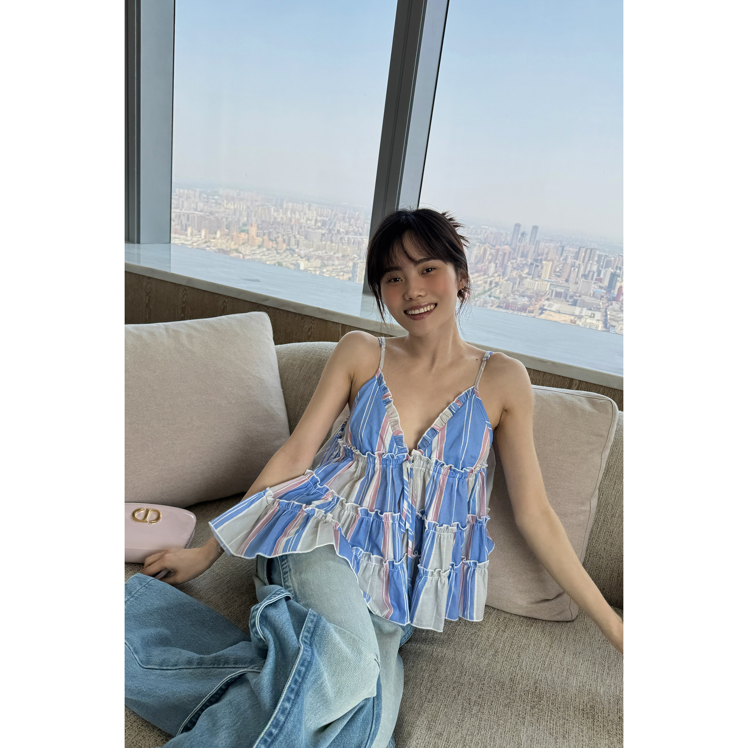 井迪儿【熠熠生辉】100%棉夏季清凉褶边条纹木耳边拼接V领吊带上衣