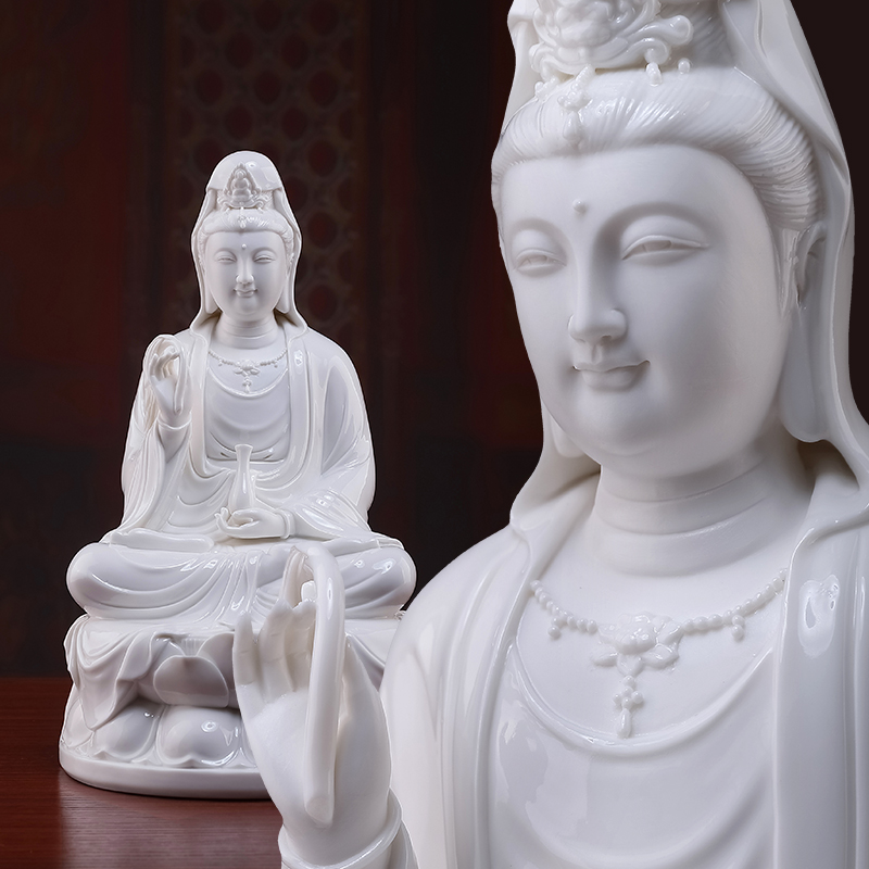 七珍陶瓷坐莲红衣观音摆件精工彩绘家用南海观音工艺品摆件