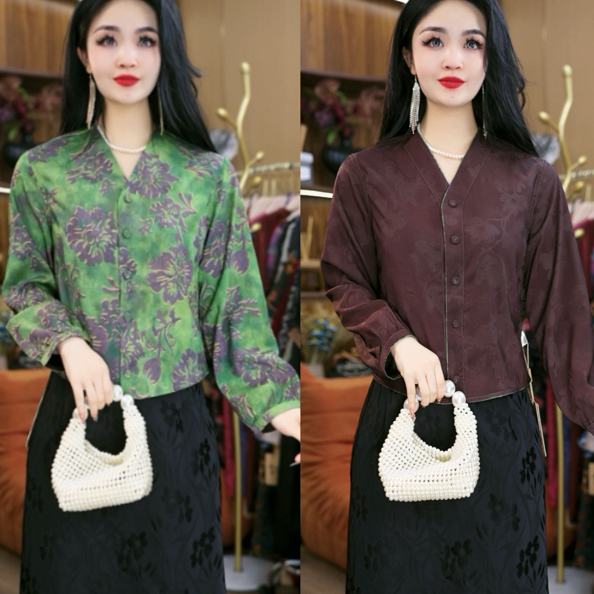 2880-10新款（紫绿桃花）女士新款小衫上衣