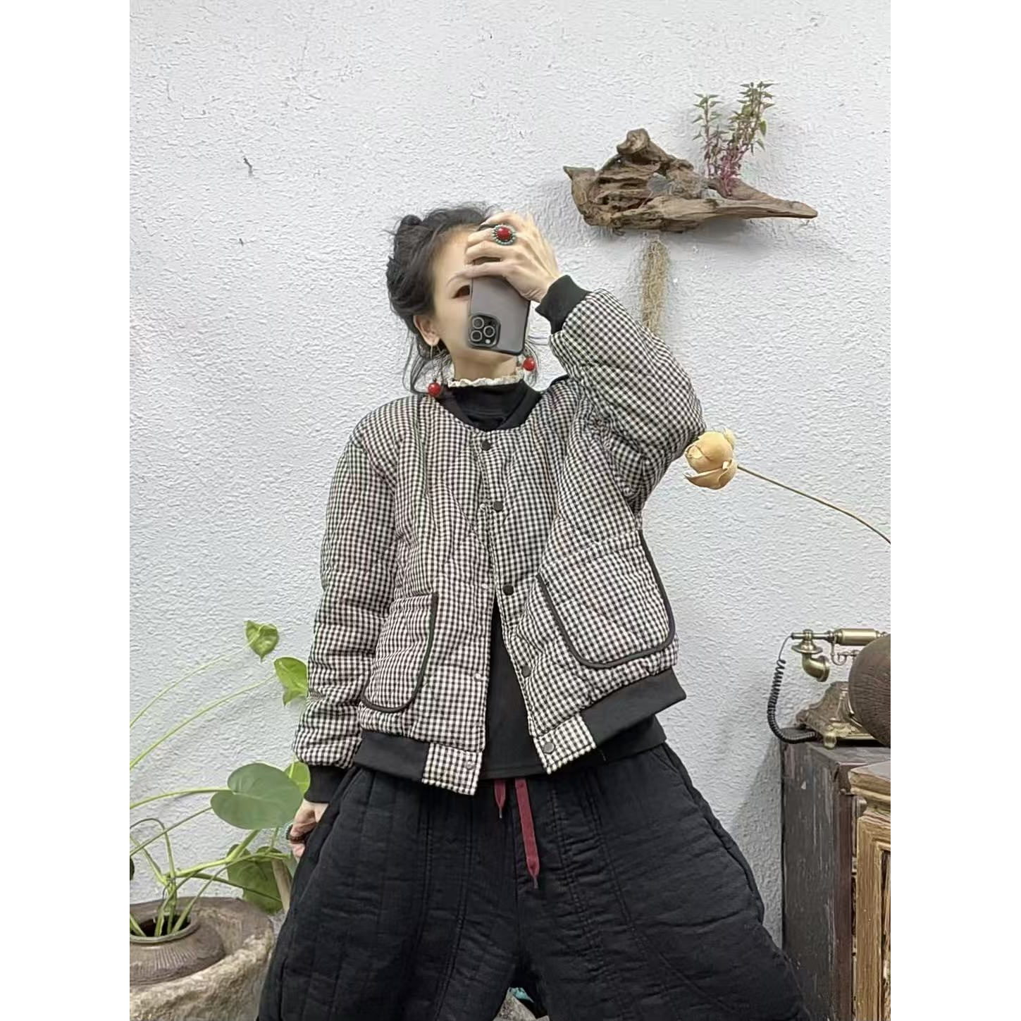 88826黑小格夹棉棒球领拉扣棉袄外套（长60胸围134