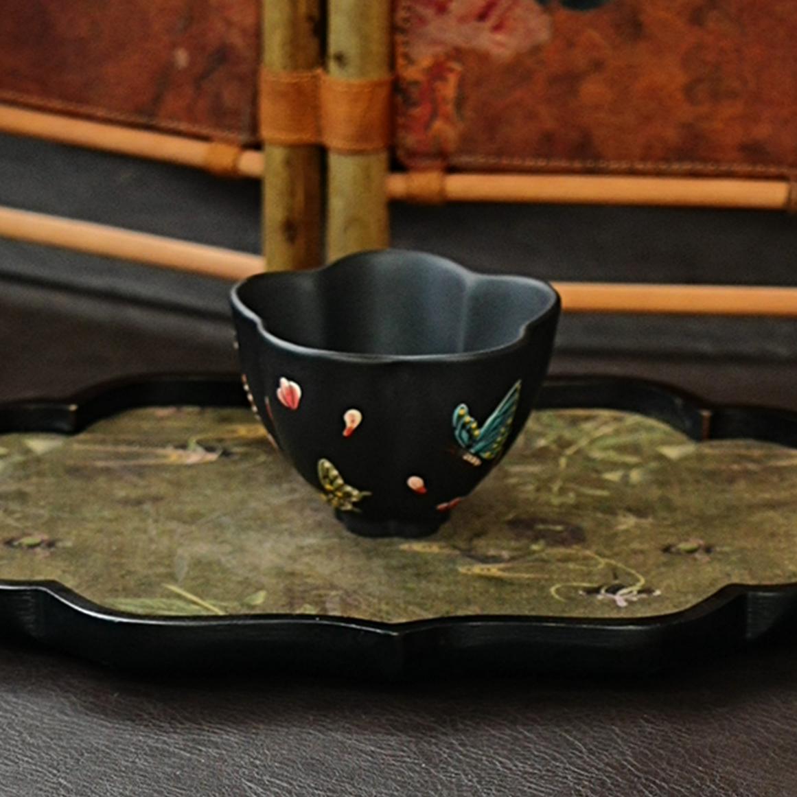 【9000蝶恋花】宜兴原矿紫砂全手工堆绘茶器主人杯茶具