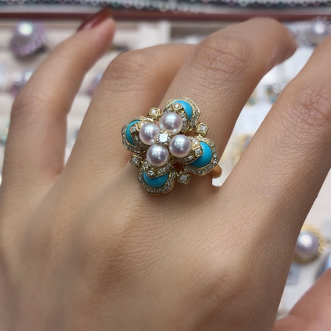 海水珍珠戒指18K金镶嵌4-4.5mmAkoya珍珠