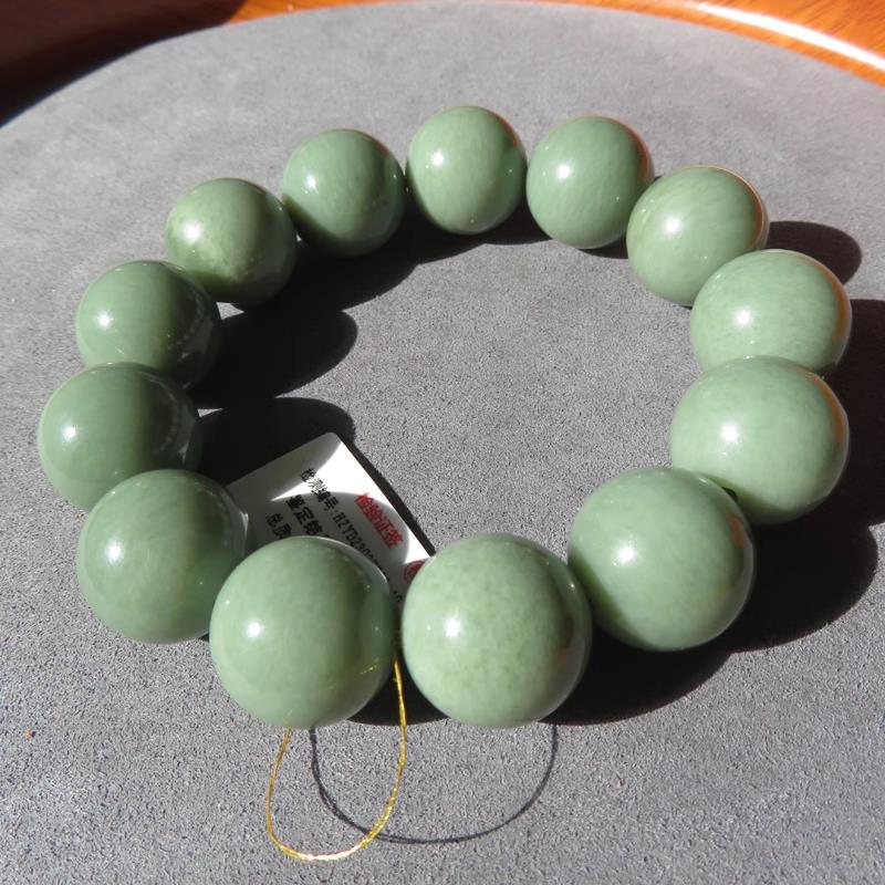 新疆和田玉籽玉沙枣青手串 带留皮孔圆珠手链 男士款天然玉石手饰