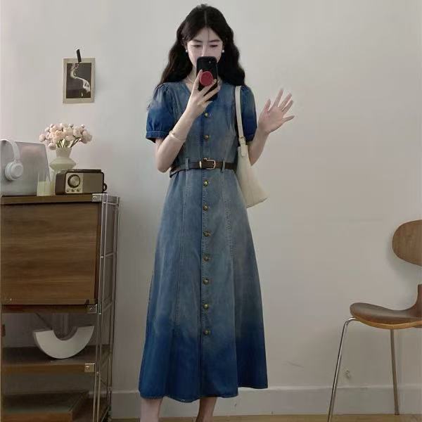 2025大码女装夏季新款收腰显瘦腰带中长a字裙复古牛仔连衣裙1595